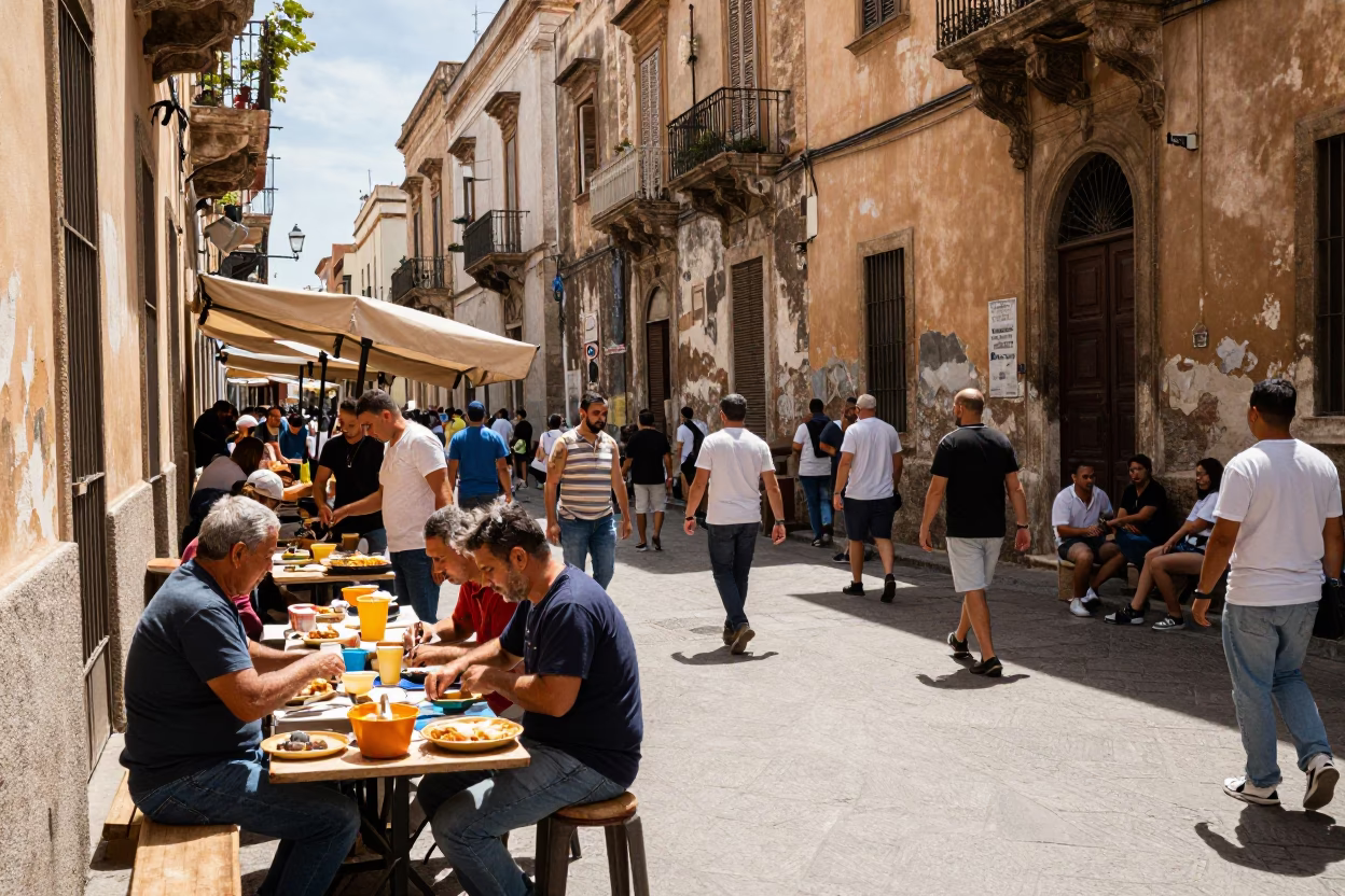 Busy Palermo Street Scene Midday with Vendors and Local Life in in Palermo, Italy