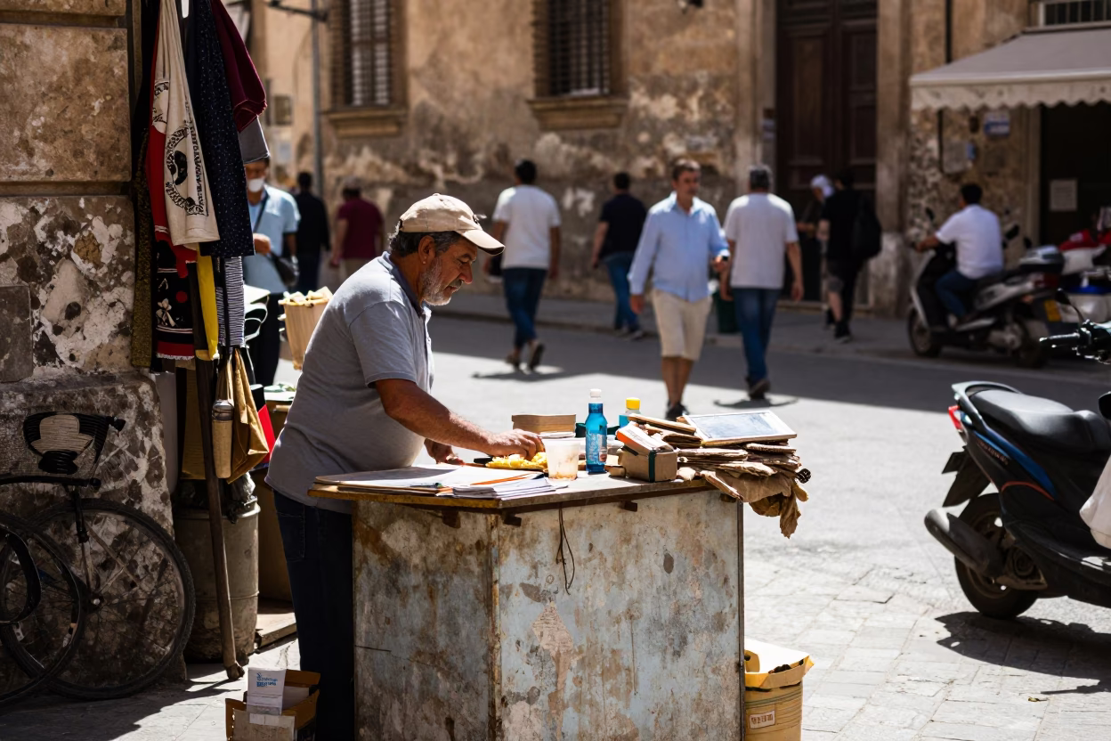 Busy Palermo Street Scene Under Flat Noon Light with Rusty Basin and Ceramic Pitcher in in Palermo, Italy