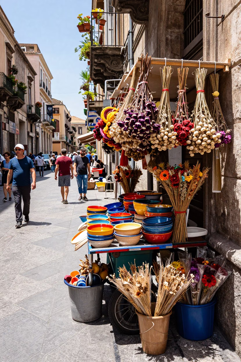 Busy Palermo Street Scene with Dried Flowers in Bright Midmorning Light in in Palermo, Italy