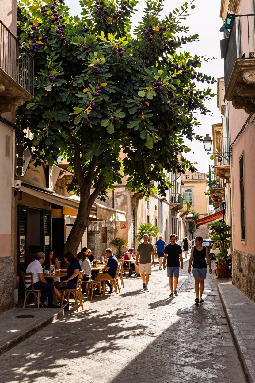 Busy Palermo Street Scene with Fig Tree and Local Market Activity in in Palermo, Italy