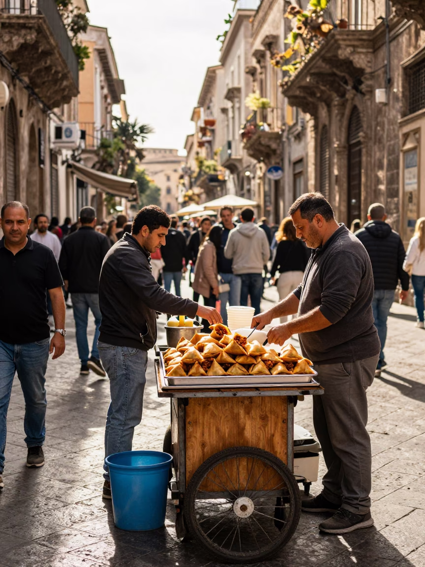 Busy Palermo Street Scene with Local Food Vendor Selling Sambusa in Early Afternoon Sunlight in in Palermo, Italy