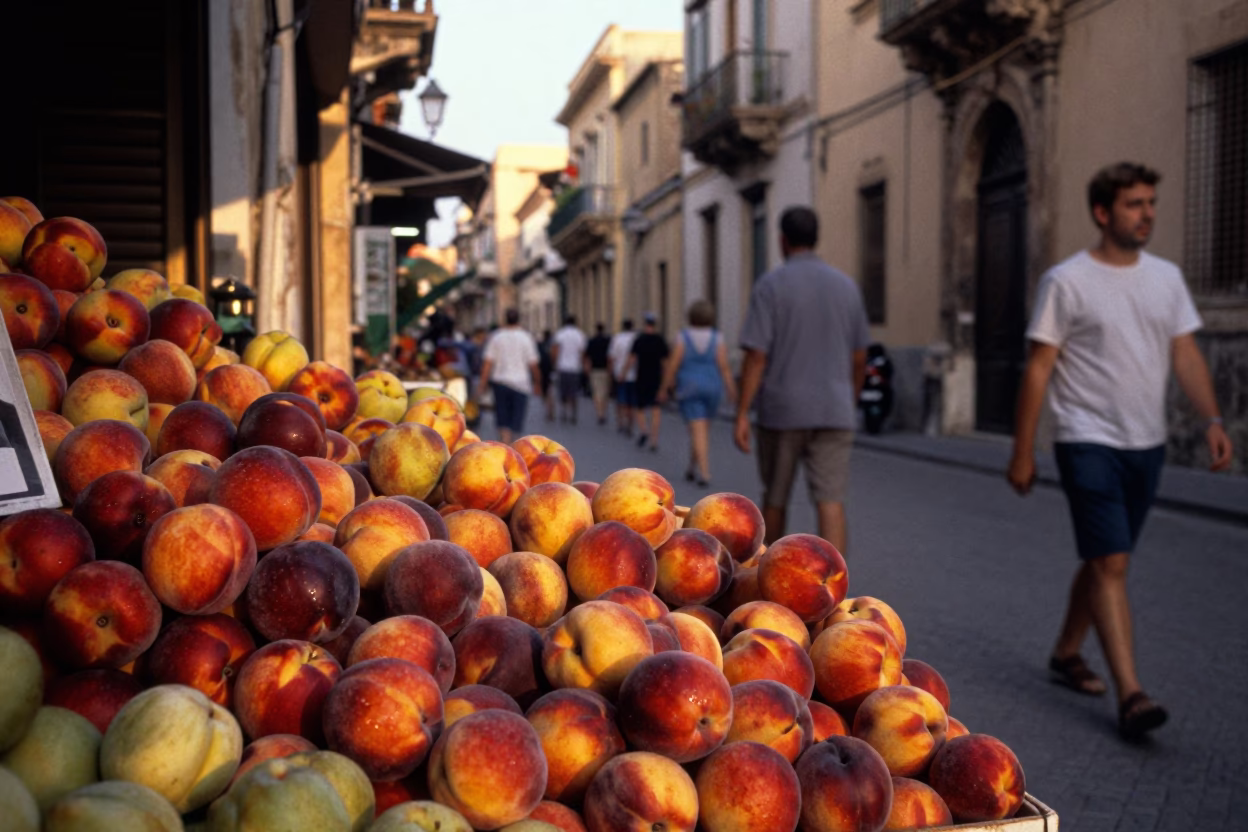 Busy Palermo Street Scene with Nectarines and Traditional Architecture in Honeyed Evening Light in in Palermo, Italy