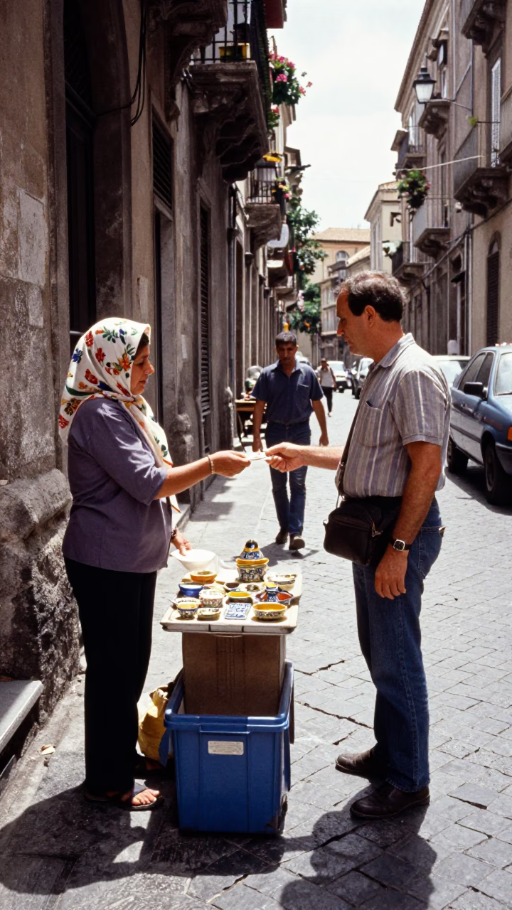 Busy Palermo Street Scene with Vintage Majolica and Local Life at Midday in in Palermo, Italy