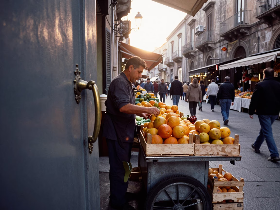 Busy Palermo Street Stall Sunrise with Door Handle and Local Commerce in in Palermo, Italy