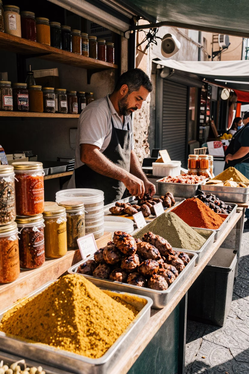 Busy Palermo Street Stall with Spice Jars and Kofte Tray in Early Afternoon Light in in Palermo, Italy