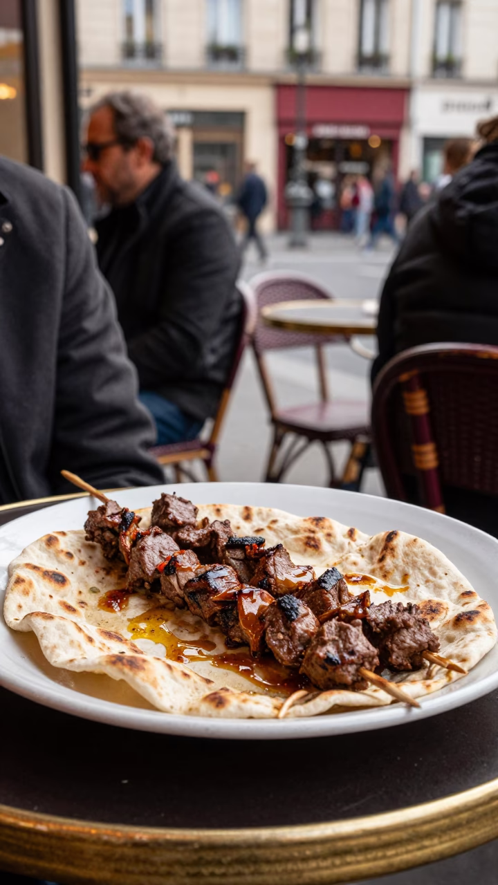 Busy Paris Cafe Table Late Morning with Kebab Koobideh and Grease Sheen in in Paris, France