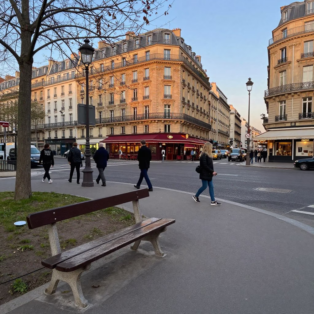 Busy Paris Street Corner in Early Evening with Park Bench and Succulents in in Paris, France