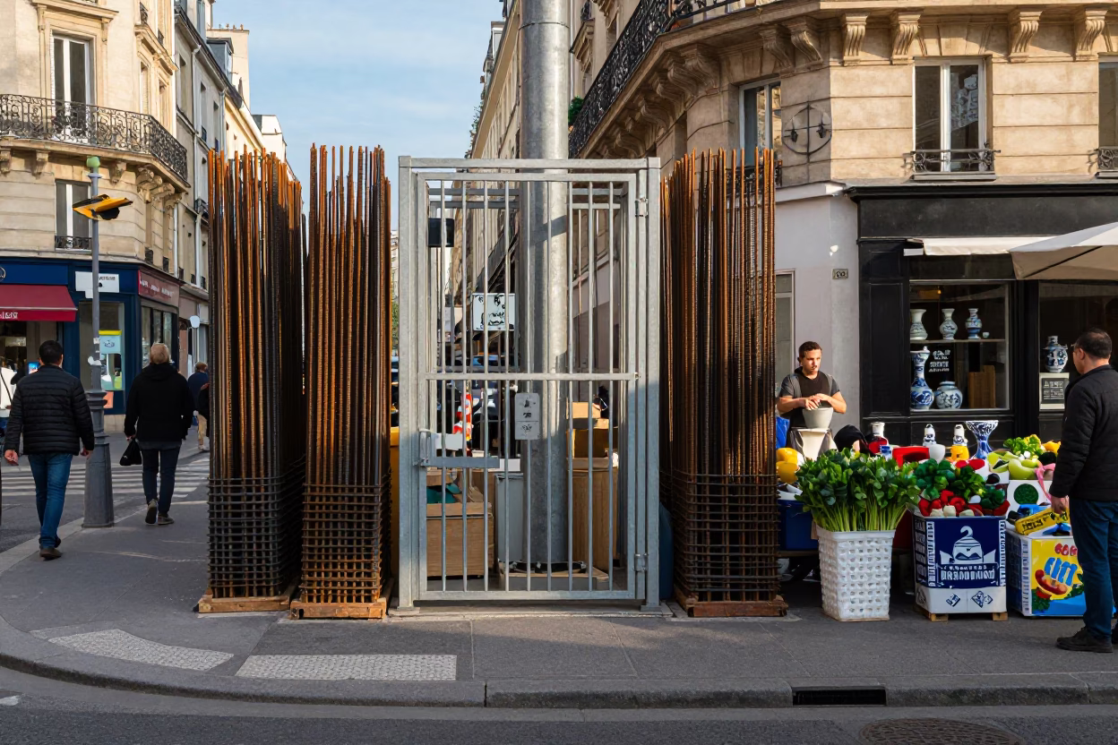 Busy Paris Street Scene with Construction Gate and Ceramic Pitcher in Late Afternoon Light in in Paris, France