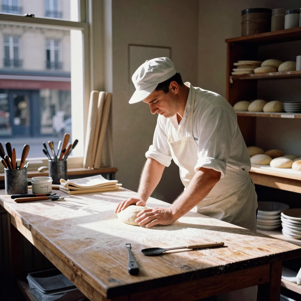 Busy Parisian Baker Kneading Dough in Sunlit 1950s Workshop in in Paris, France