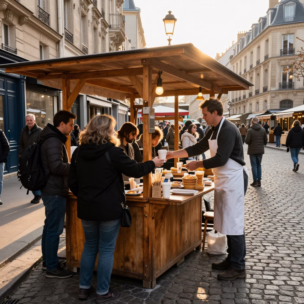 Busy Parisian Breakfast Stall After Sunrise with Wooden Stool and Tea Stains in in Paris, France