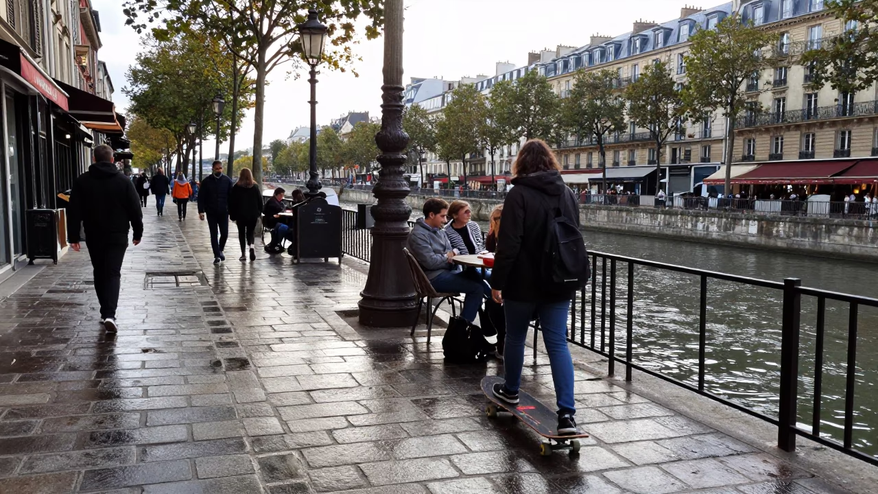 Busy Parisian Cafe Sidewalk Scene with Skater and Street Life in Early Afternoon Light in in Paris, France