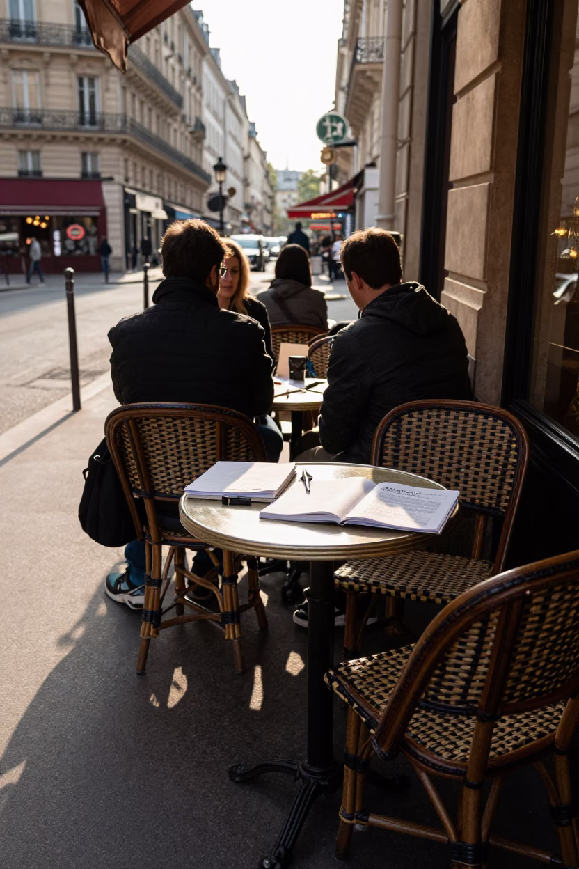 Busy Parisian Cafe Table in Late Afternoon Light with Notebook and Ceramic Cup in in Paris, France