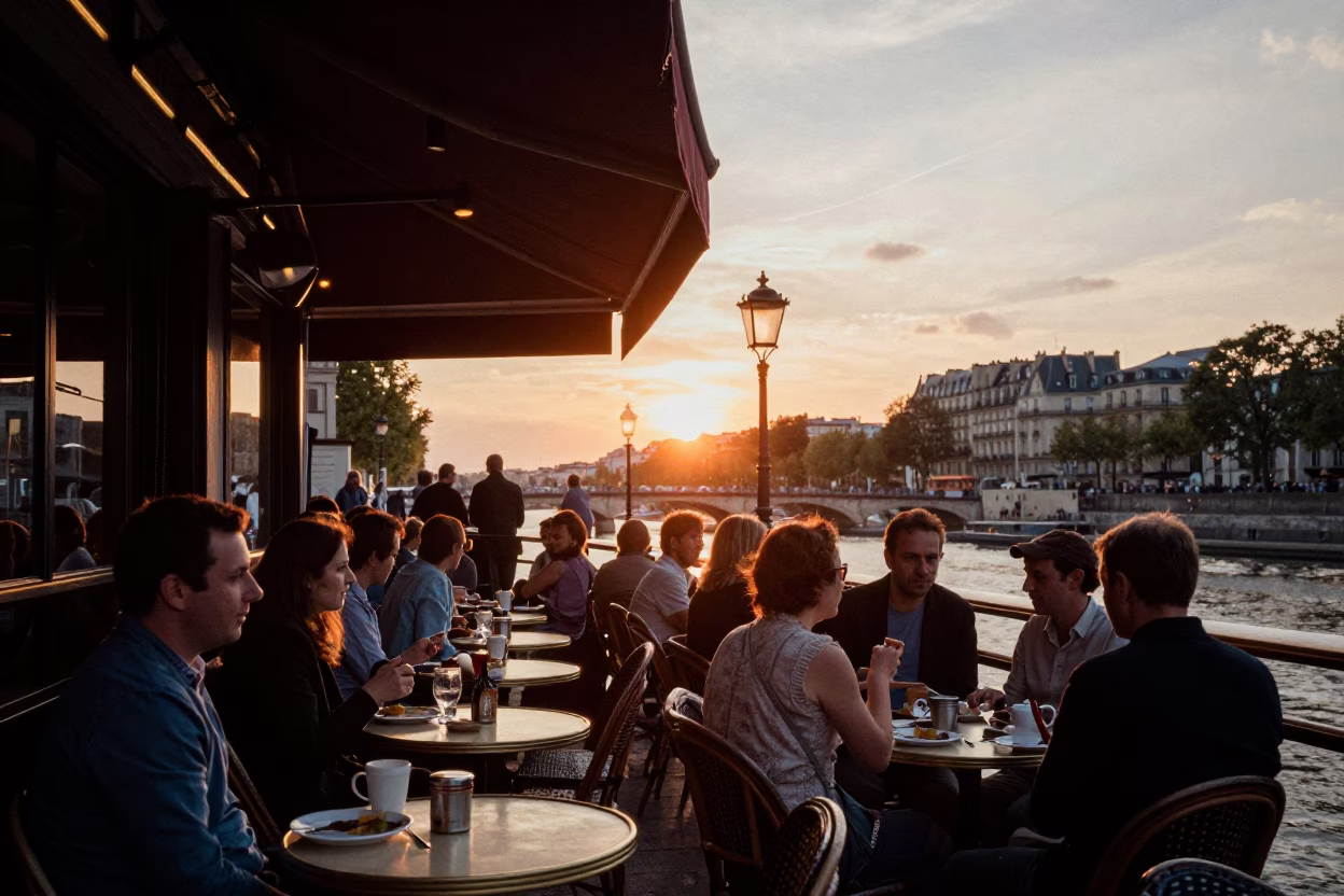 Busy Parisian Cafe Terrace at Sunset with Patrons Dining and Bar Counter Details in in Paris, France