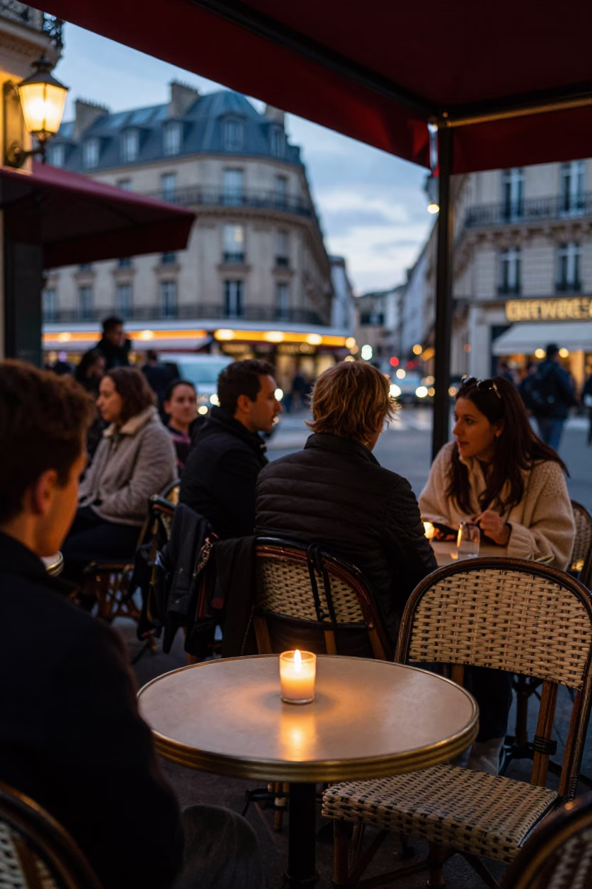 Busy Parisian Cafe Terrace in Early Evening with Taper Candle and Magnolia Tree Bloom in in Paris, France