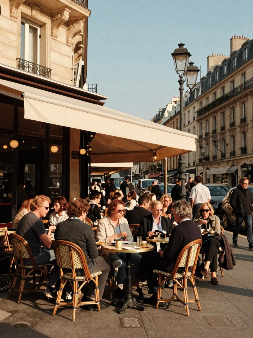 Busy Parisian Cafe Terrace in Late Afternoon Light with Goblet and Watering Jug in in Paris, France