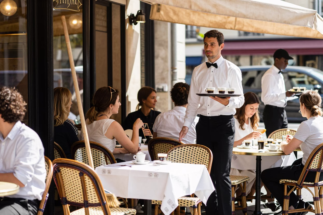 Busy Parisian Cafe Terrace Midmorning Light with Brooms and Tile Grout in in Paris, France