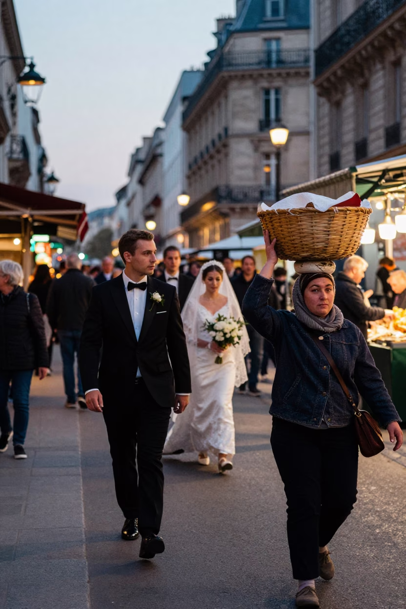 Busy Parisian Evening Street Scene with Traditional Wedding Procession and Local Market Activity in in Paris, France