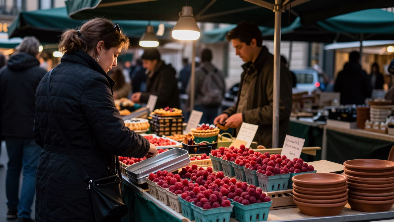 Busy Parisian Market Stall at Nautical Dawn with Fresh Raspberries in in Paris, France