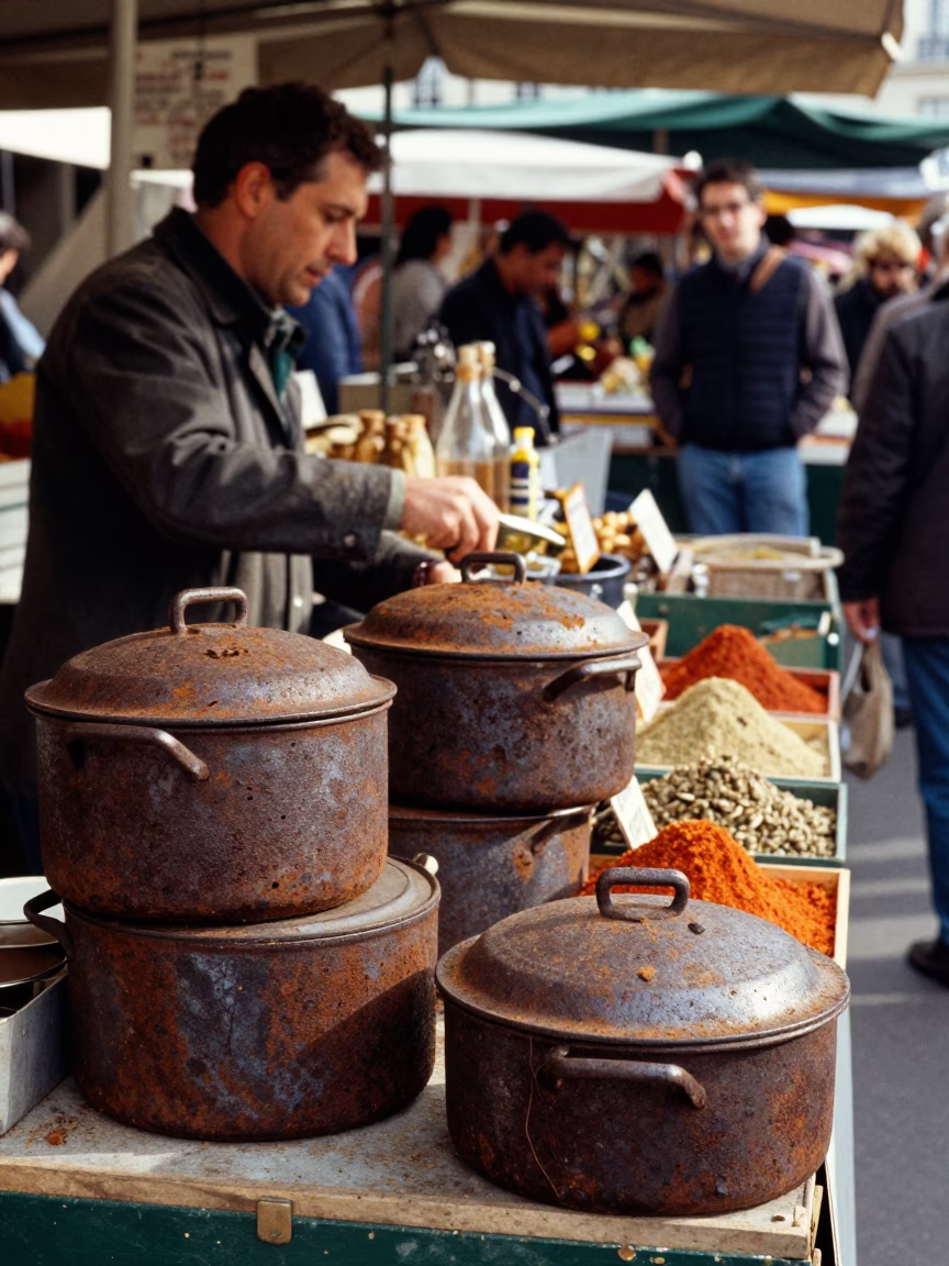 Busy Parisian Market Stall with Rusty Pots and Spice Jars in Late Morning Light in in Paris, France