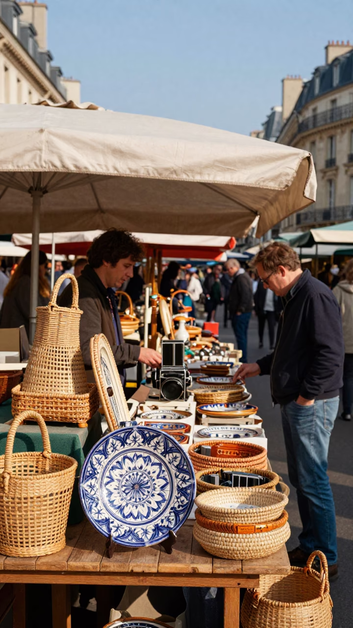 Busy Parisian Market Stall With Woven Cane And Vintage Plate in in Paris, France