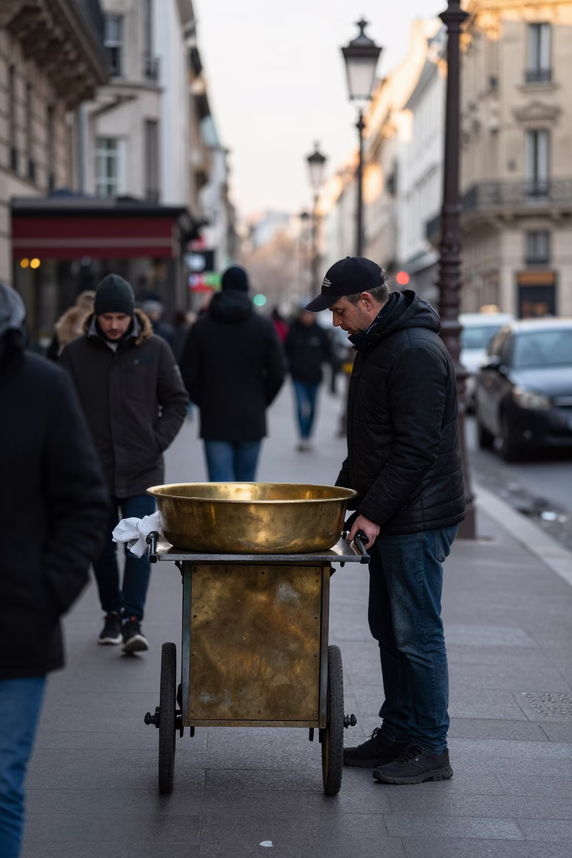 Busy Parisian Morning Street Scene with Brass Basin and Early Light in in Paris, France