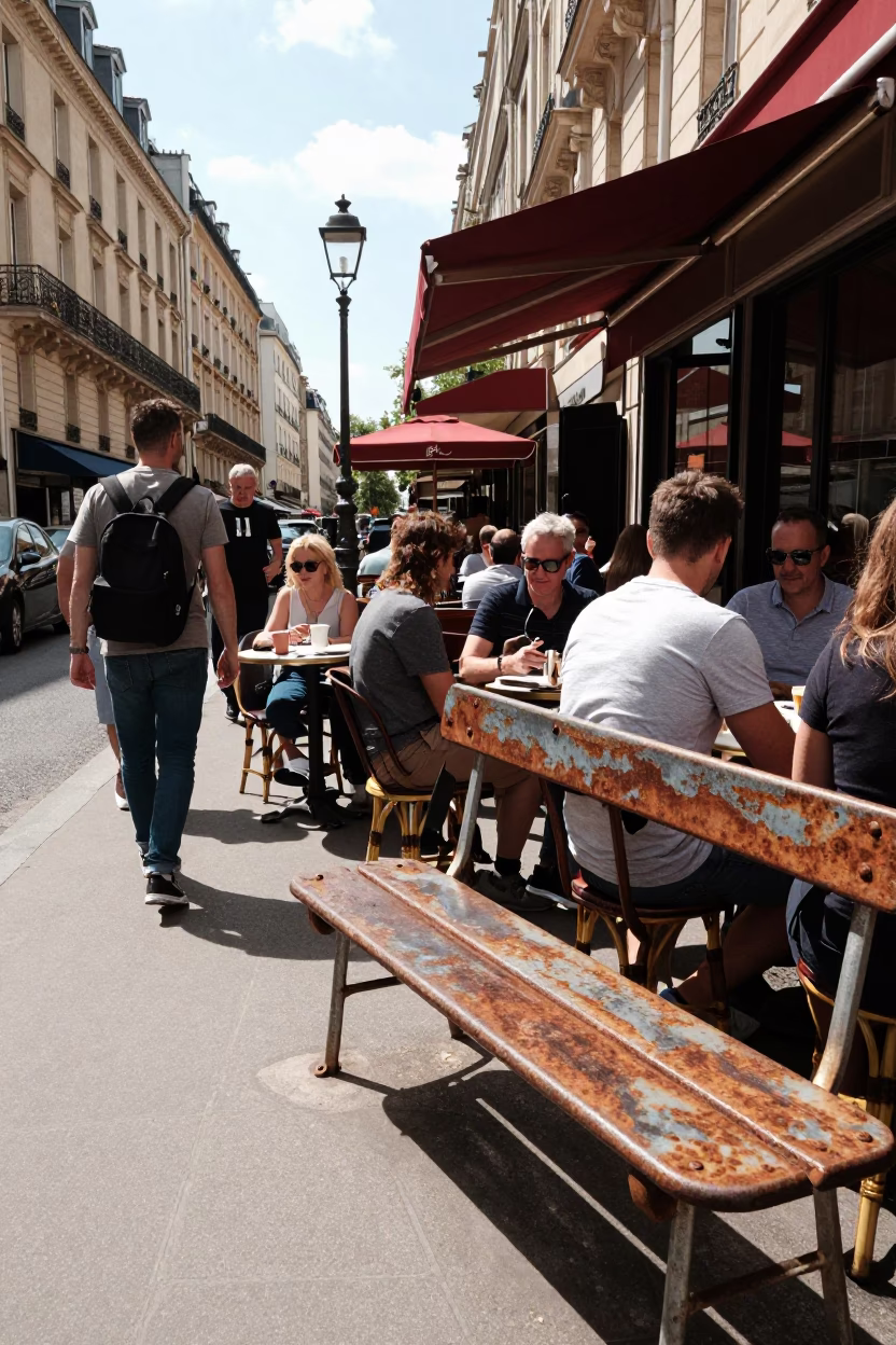Busy Parisian Sidewalk Cafe Midday Scene with Rusty Bench and Coffee Grinder in in Paris, France