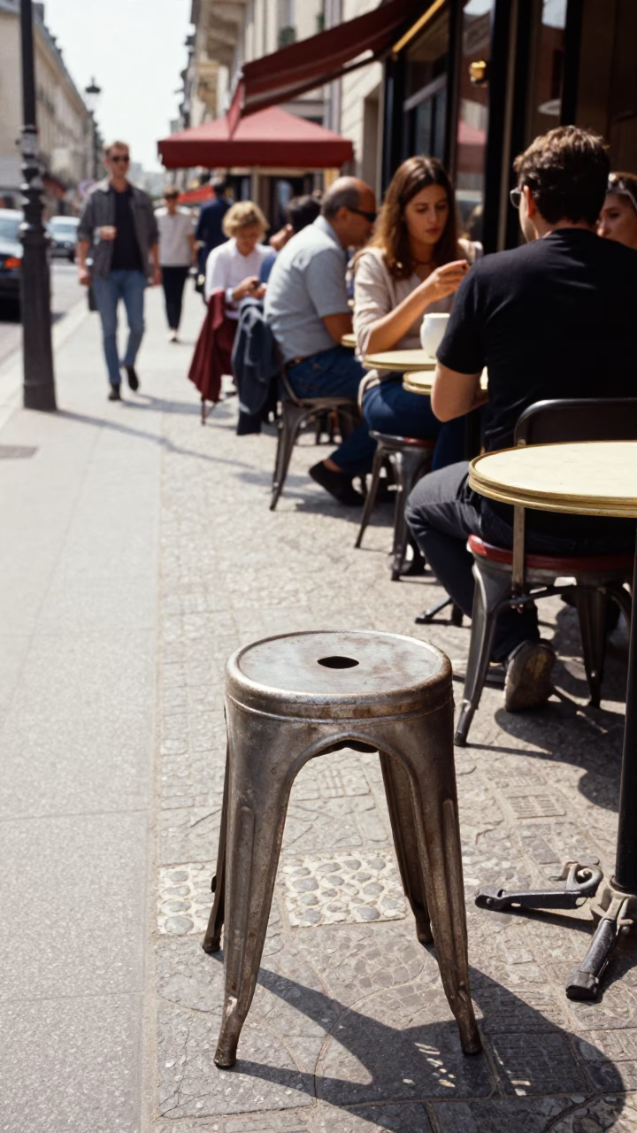 Busy Parisian Sidewalk Cafe Midday Scene with Stone Stool and Urban Details in in Paris, France