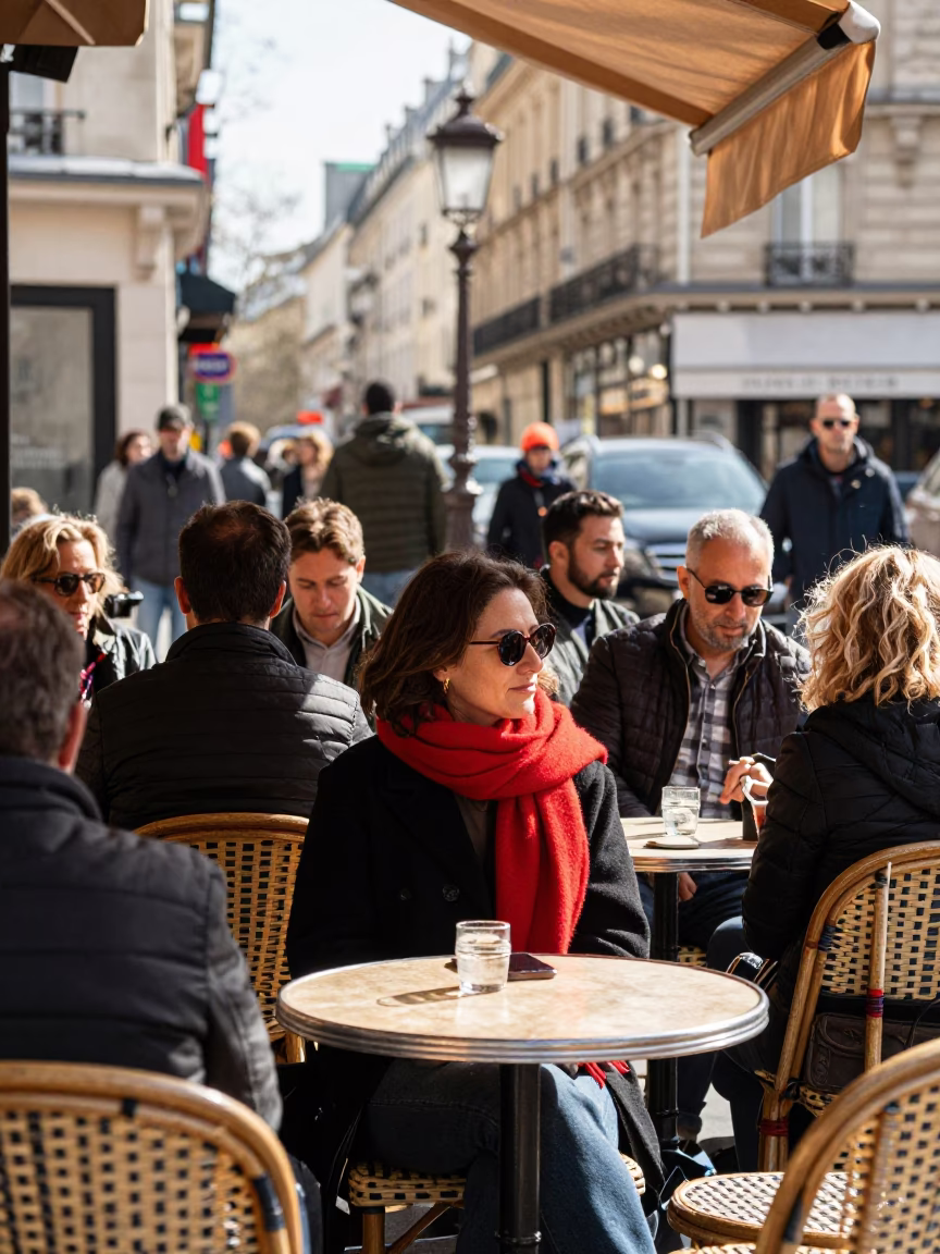 Busy Parisian Sidewalk Cafe Scene with Scarf and Steam at Noon in in Paris, France