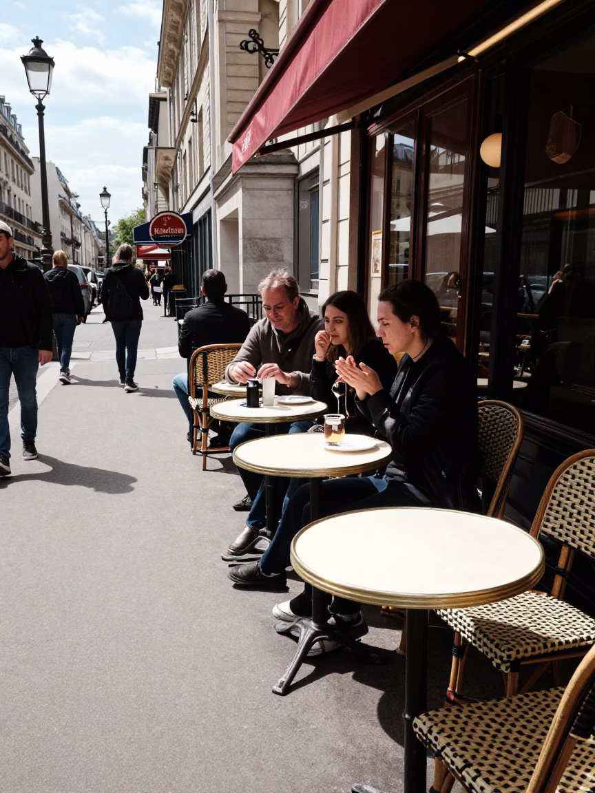 Busy Parisian Sidewalk Cafe Under Noon Sun with Ceramic Plates and Chairs in in Paris, France