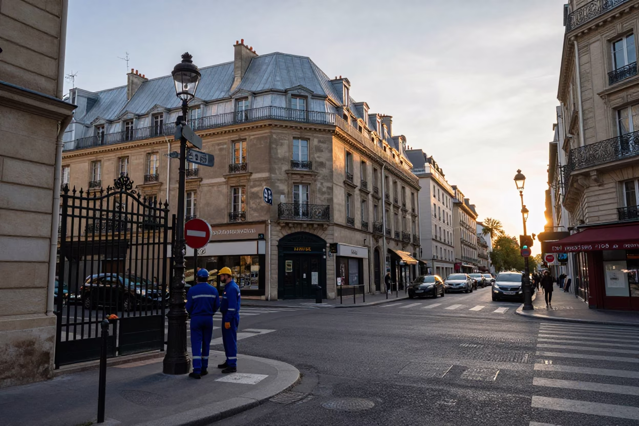 Busy Parisian Street Corner After Sunrise with Iron Gate and Frites Cone in in Paris, France