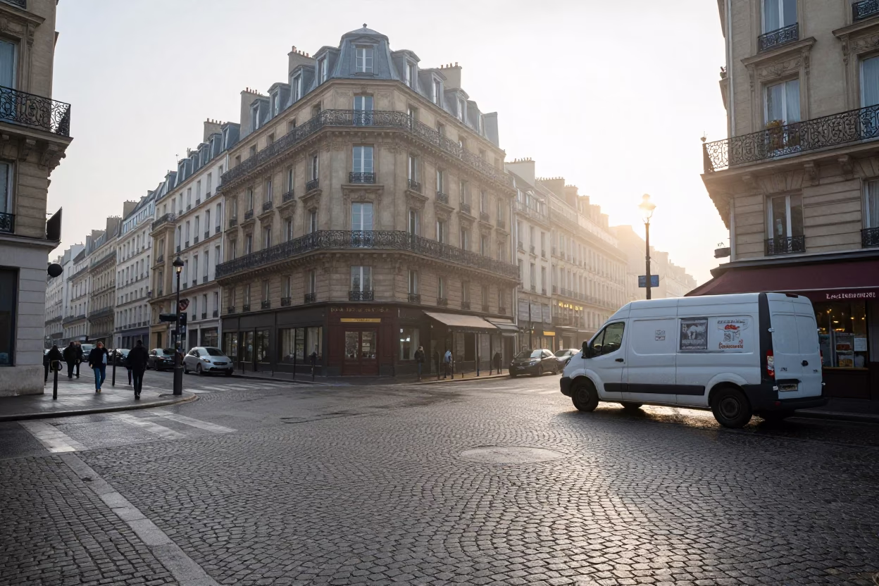 Busy Parisian Street Corner at Dawn with Morning Commuters and Local Bakery in in Paris, France
