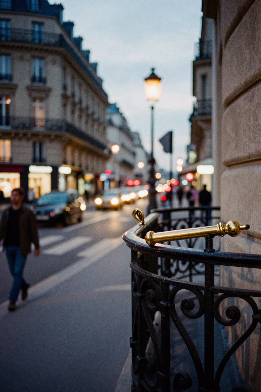 Busy Parisian Street Corner at Dusk with Brass Details and Blue Hedges in in Paris, France