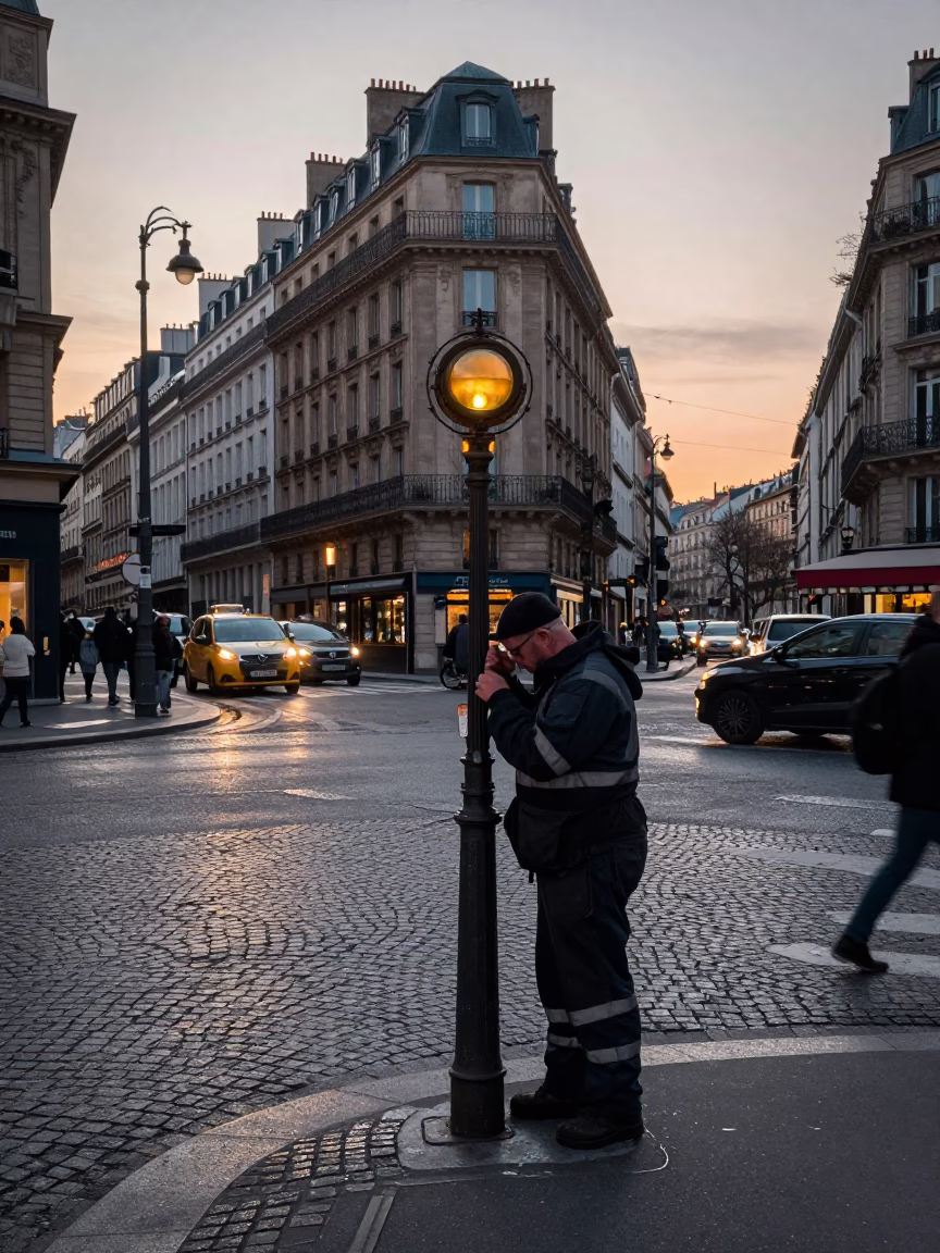 Busy Parisian Street Corner at Nautical Dawn with Commuters and Vintage Details in in Paris, France