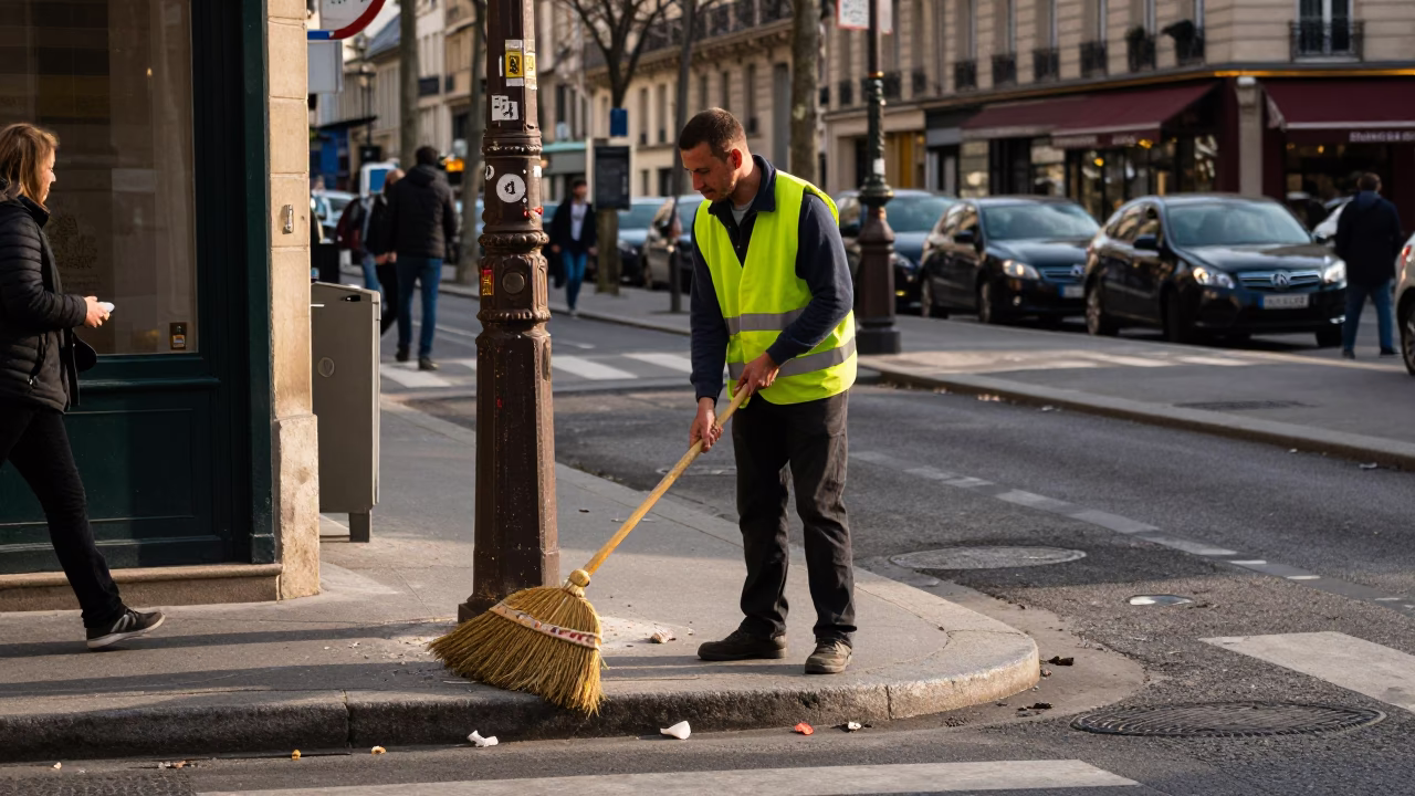 Busy Parisian Street Corner Early Afternoon with Hand Broom and Address Book in in Paris, France