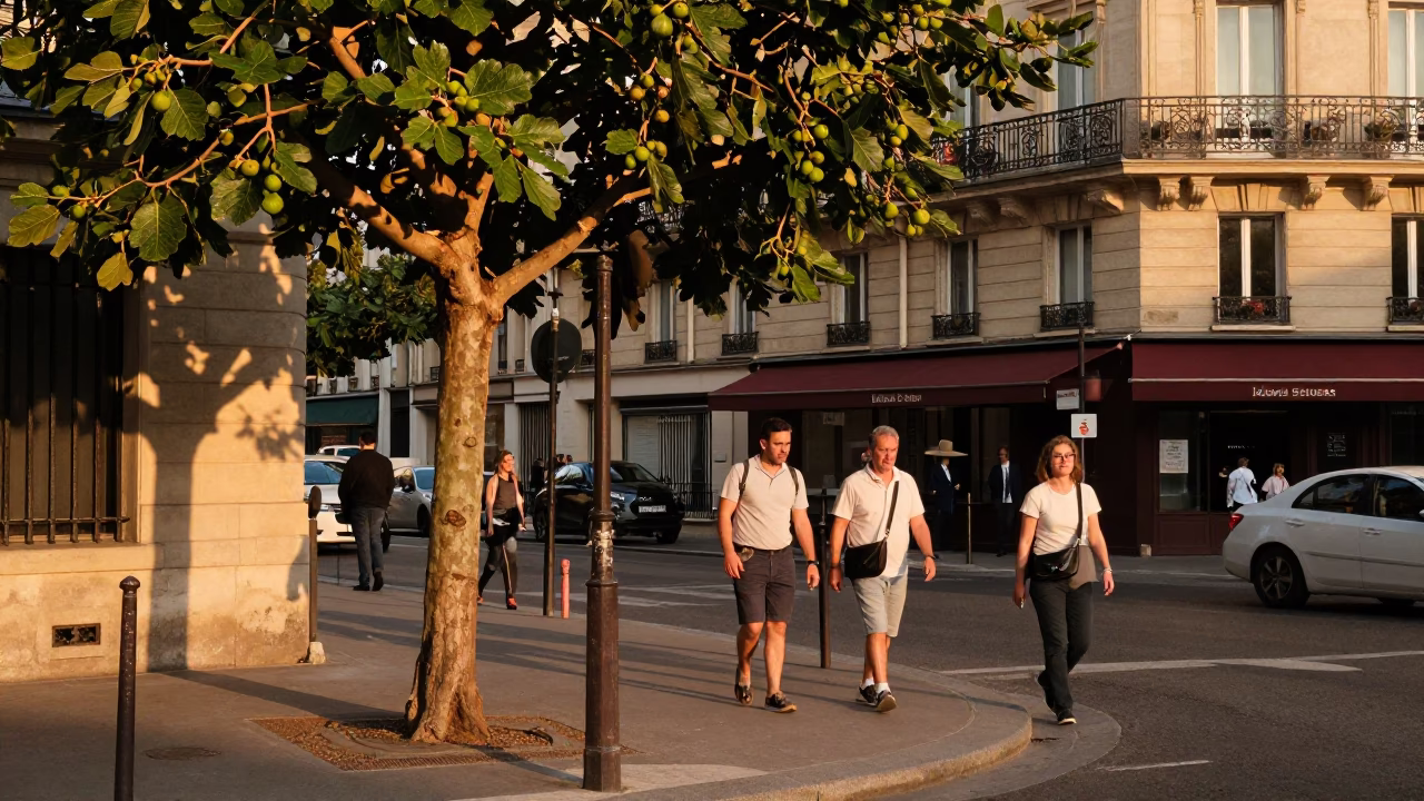 Busy Parisian Street Corner in Honeyed Evening Light with Fig Tree and Zinnias in in Paris, France