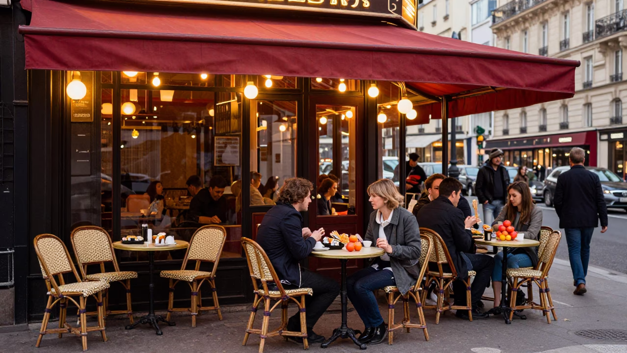 Busy Parisian Street Corner with Sushi and Nectarines in Early Evening Light in in Paris, France