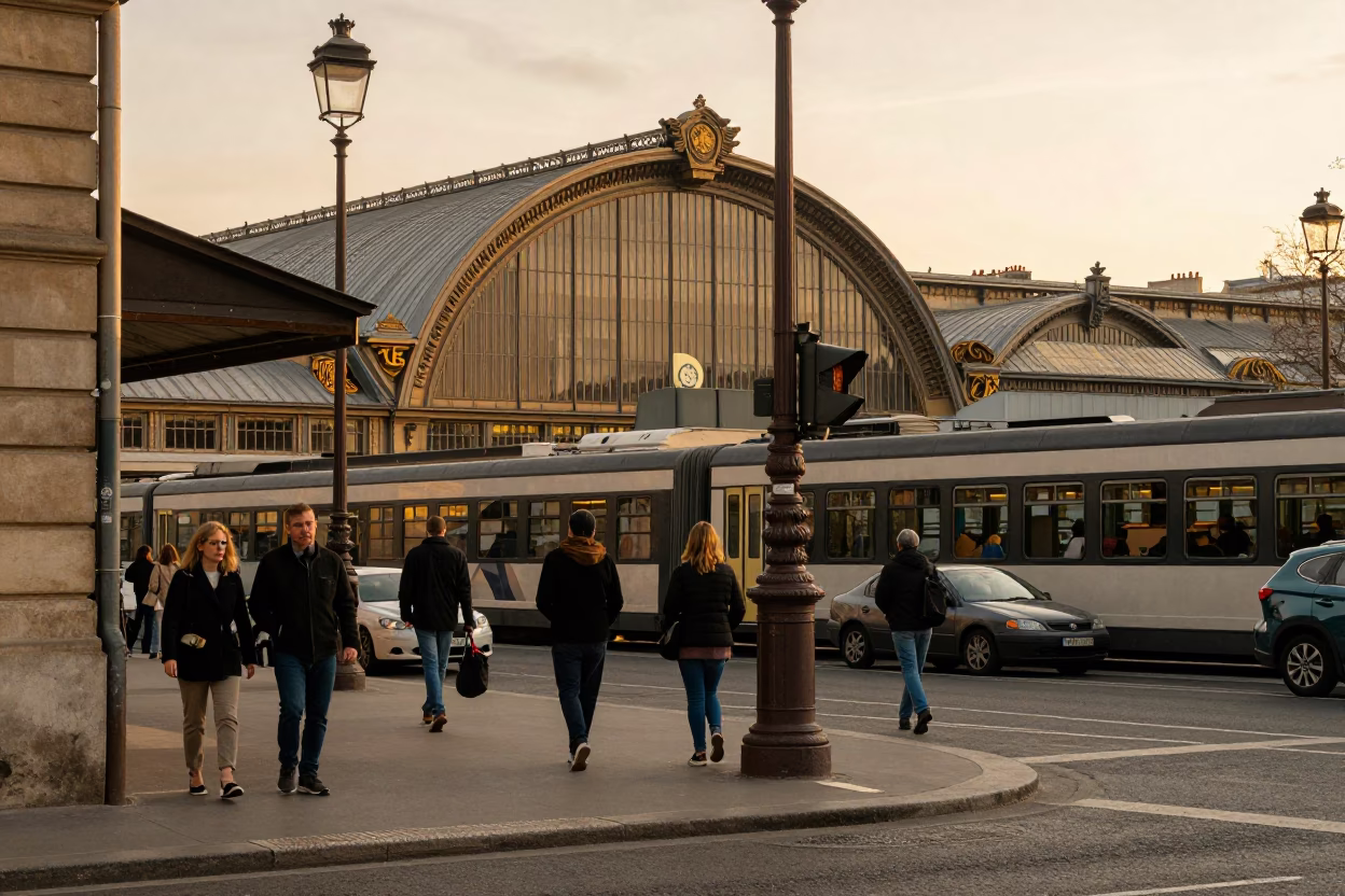 Busy Parisian Street Corner with Vintage Train Station and Evening Light in in Paris, France