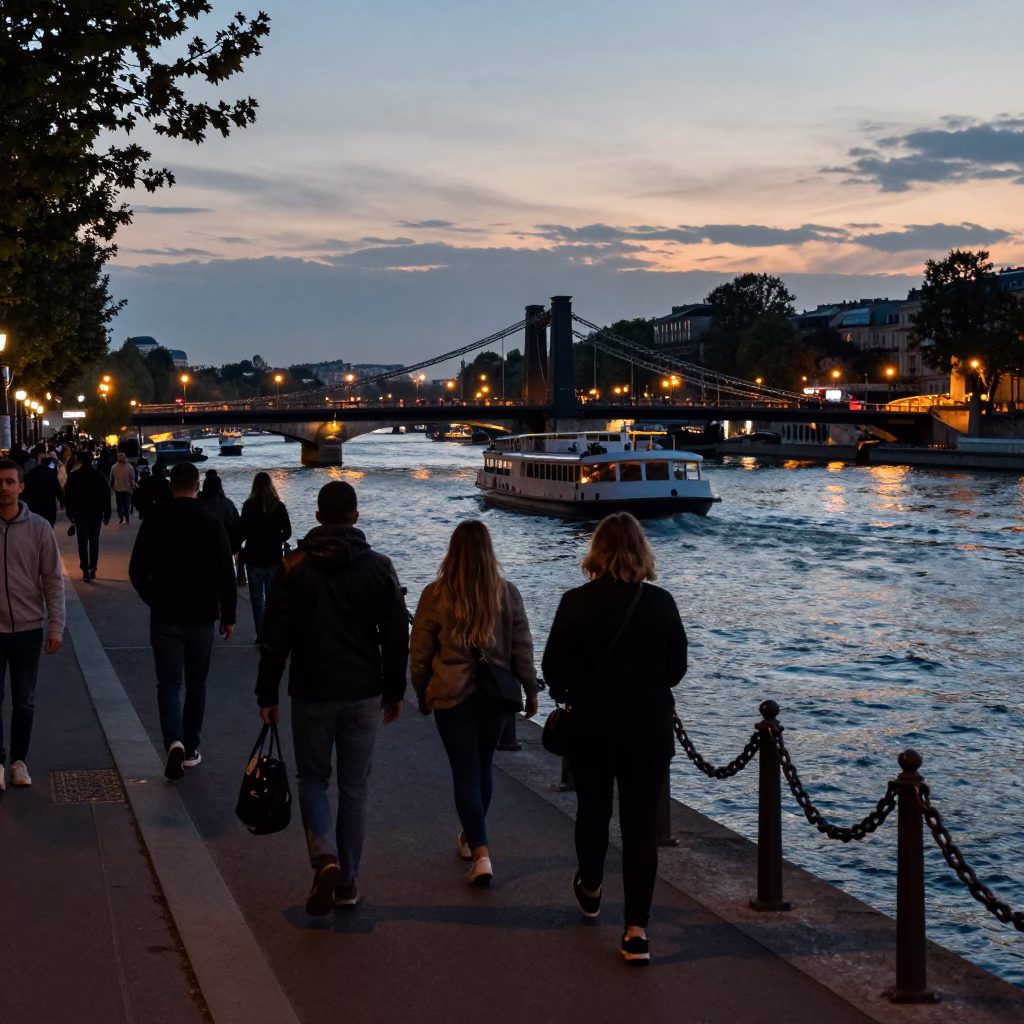Busy Parisian Street Scene at Dusk with Chain Ferry and Condensation in in Paris, France