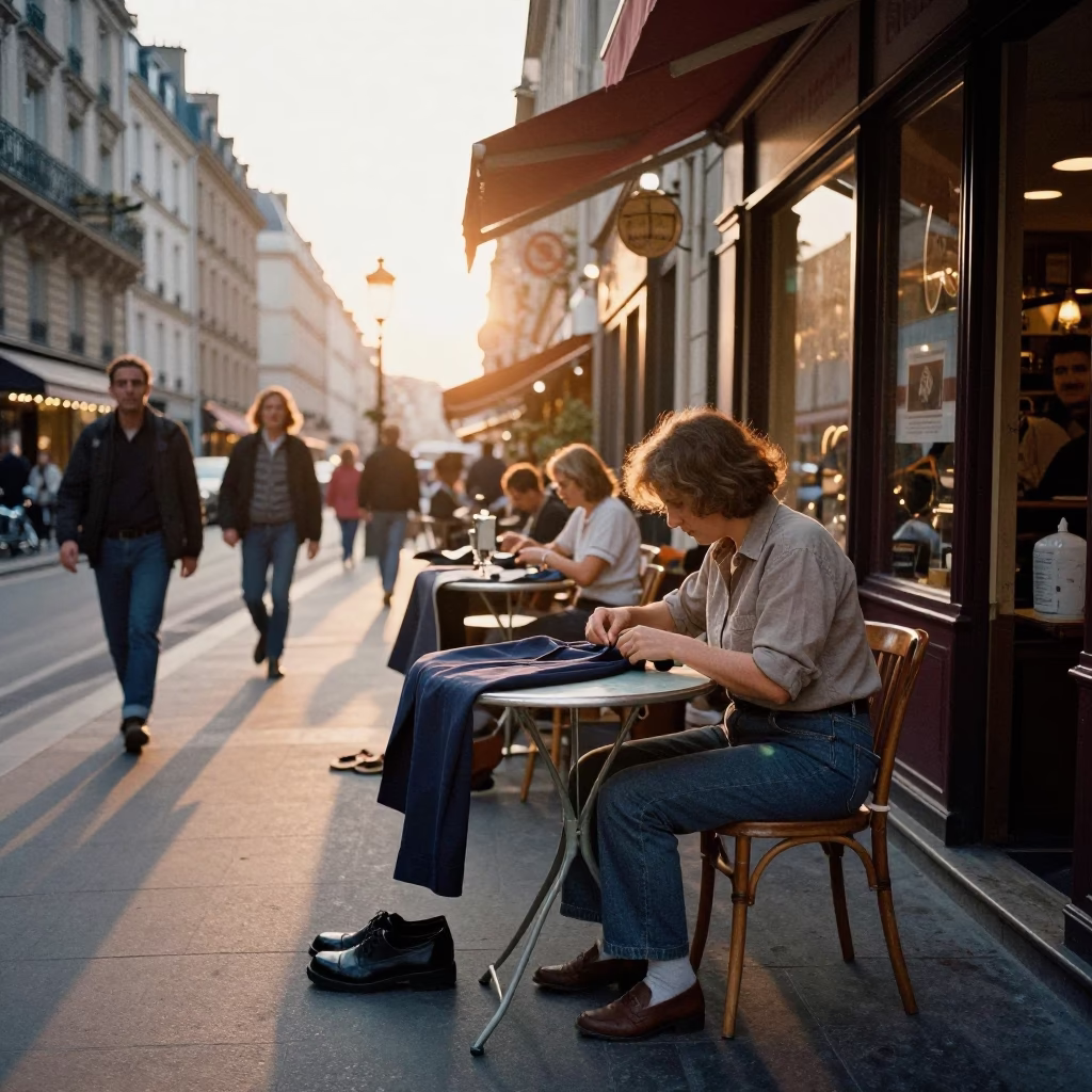 Busy Parisian Street Scene at Golden Hour with Local Shop Details in in Paris, France