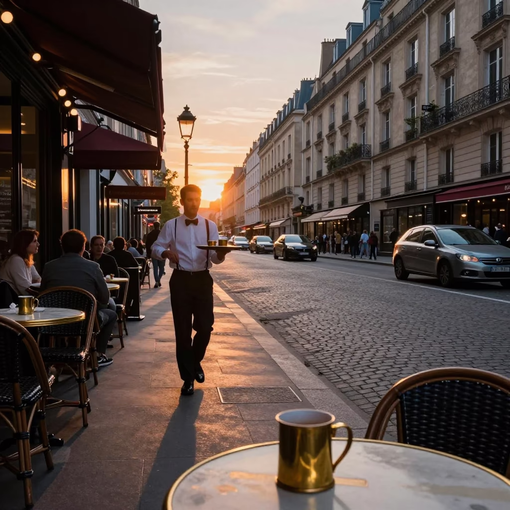 Busy Parisian Street Scene at Sunset with Brass Mug and Glass Vase in in Paris, France
