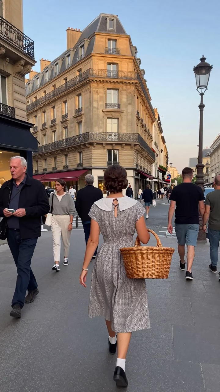 Busy Parisian Street Scene Early Evening with Wicker Basket and Vine in in Paris, France