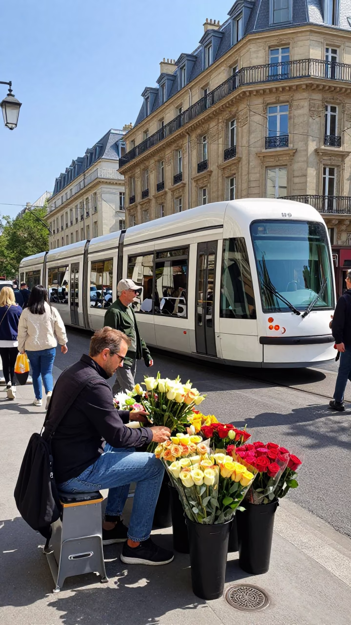 Busy Parisian Street Scene in Bright Midmorning Light with Tram and Local Market Activity in in Paris, France