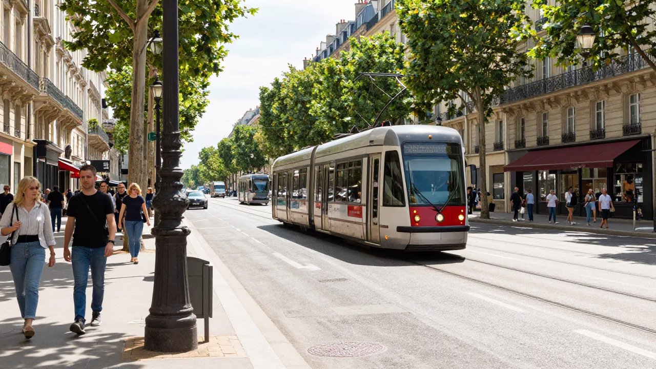 Busy Parisian Street Scene in Bright Midmorning Light with Tramcar and Classic Architecture in in Paris, France