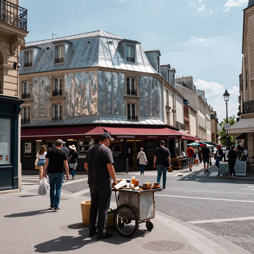 Busy Parisian Street Scene Midday with Local Vendor and Watering Jug in in Paris, France