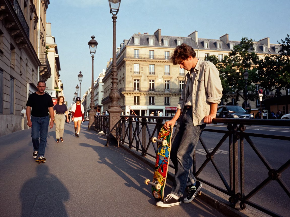 Busy Parisian Street Scene with Skateboarder and Local Shops in Late Afternoon Light in in Paris, France