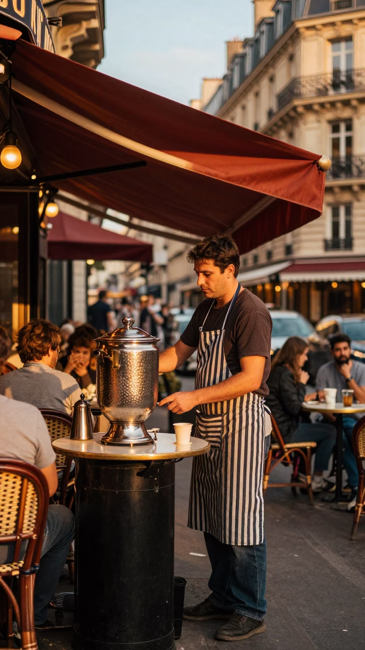 Busy Parisian Street Vendor in Honeyed Evening Light with Hammered Metal and Coffee Tin in in Paris, France