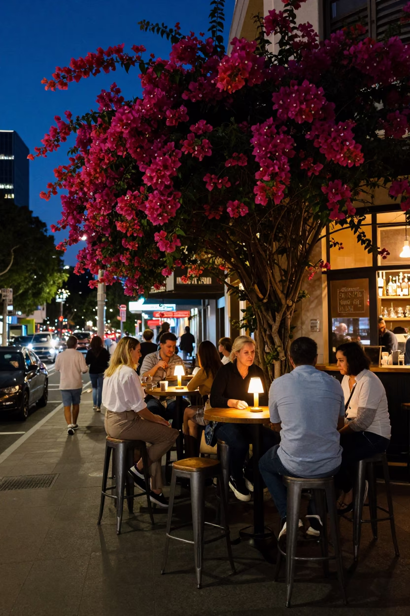 Busy Perth Cafe Night Scene With Bougainvillea And Bar Stools in in Perth, Western Australia, Australia