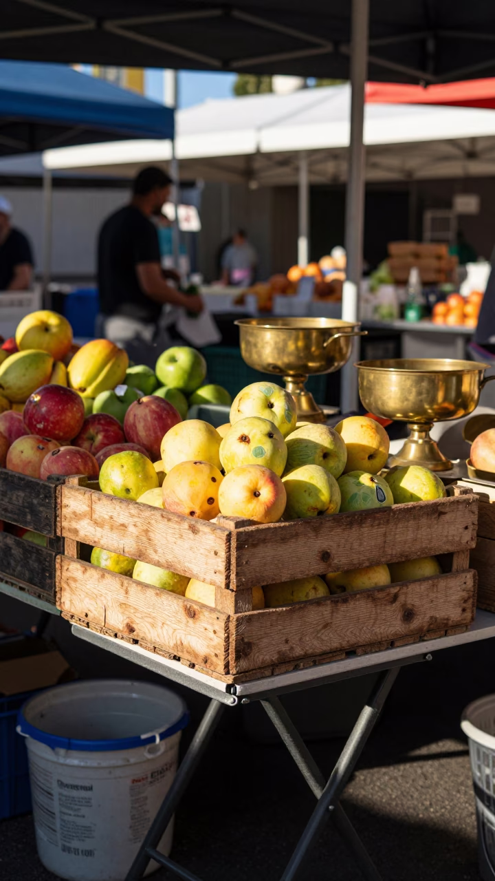 Busy Perth Market Stall with Fruit Crate and Brass Bell Detail in in Perth, Western Australia, Australia