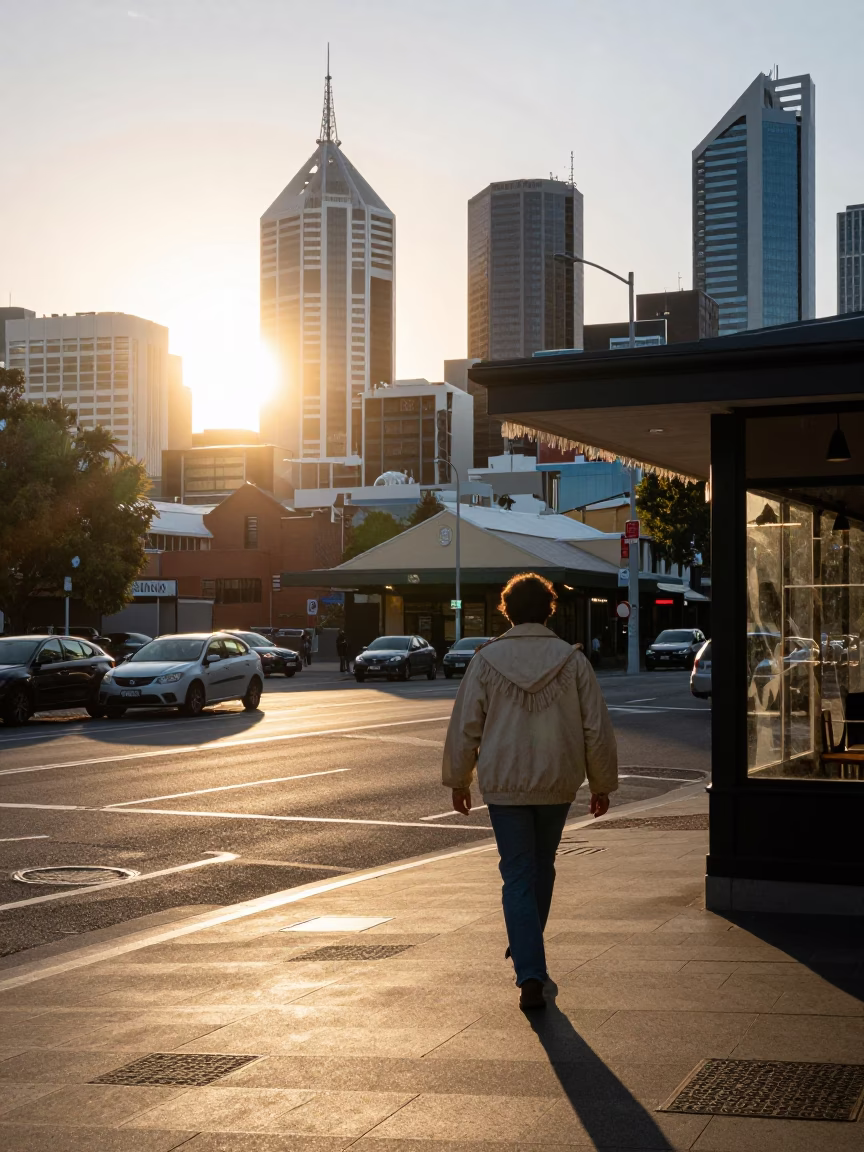 Busy Perth Street Corner After Sunrise with Linen Fringe and Urban Activity in in Perth, Western Australia, Australia