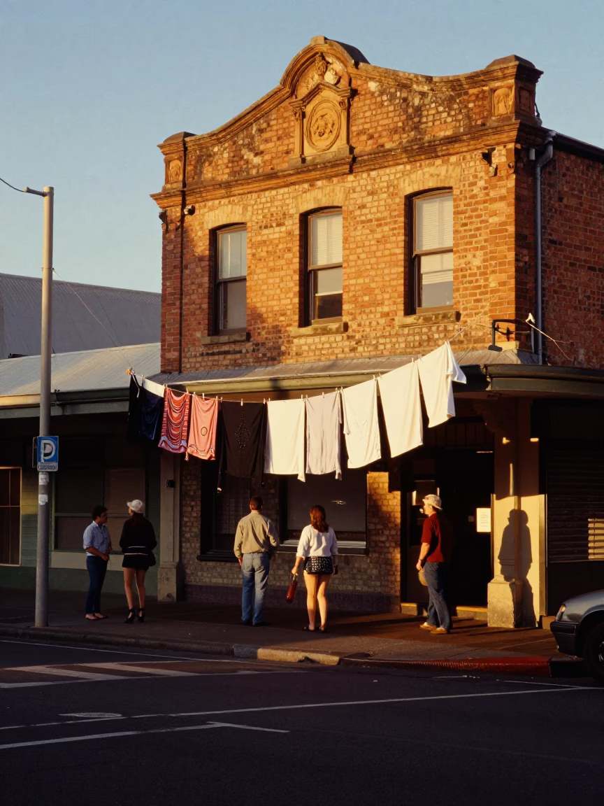 Busy Perth Street Corner at Sunset with Laundry Drying and Local Urban Details in in Perth, Western Australia, Australia